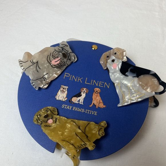 New Pink Linen Dog 3 Hair Clips Golden Retriever Bulldog Beagle Stay Paws-itive - Picture 1 of 3